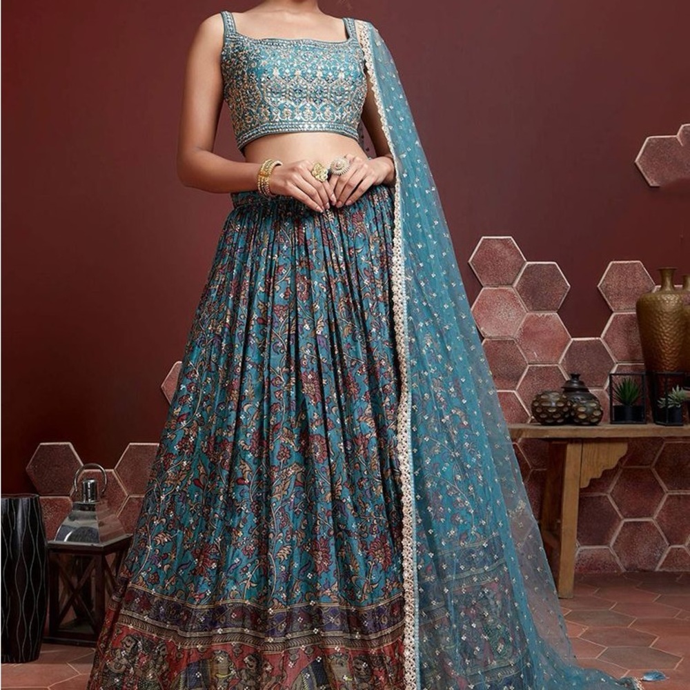 House of Indya Blue Embroidered Chinon Lehenga Set